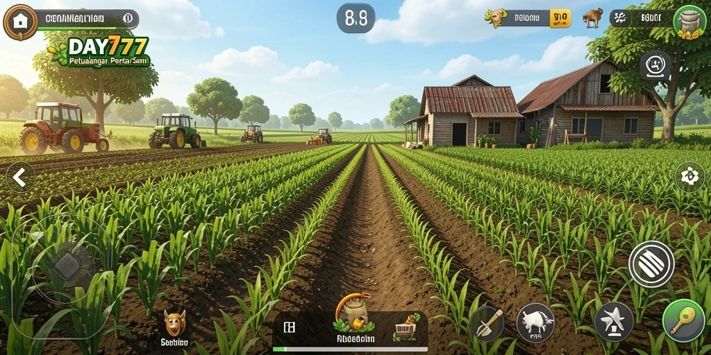 Screenshot DAY777 menampilkan aktivitas seru bertani dengan latar yang indah.