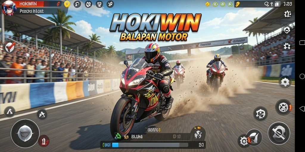 Tampak aksi balapan mendebarkan dalam HOKIWIN dengan motor yang bertenaga dan trek menantang.