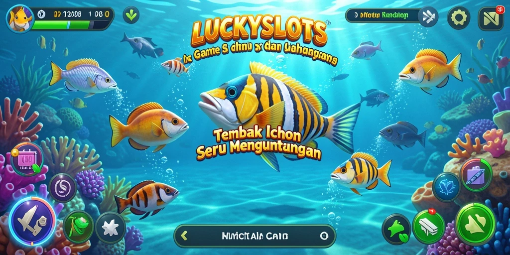 Tampilan gameplay LUCKYSLOTS dengan ikan berwarna-warni dan aksi menembak.