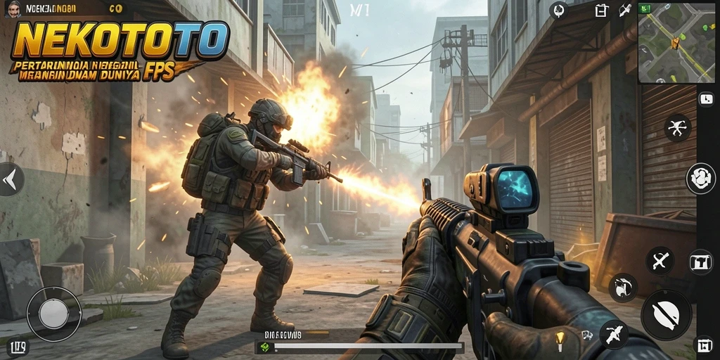 Gameplay mendebarkan dalam NEKOTOTO dengan aksi FPS intens.