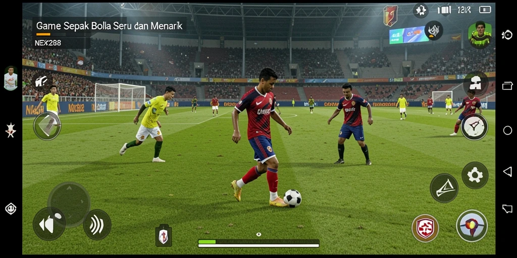 Tampilan game sepak bola yang mendebarkan dengan aksi pemain di lapangan.