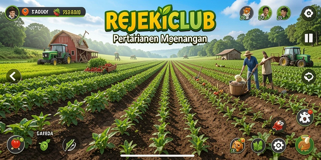 Tangkapan layar gameplay REJEKICLUB menampilkan ladang hijau yang subur dan aktivitas panen.