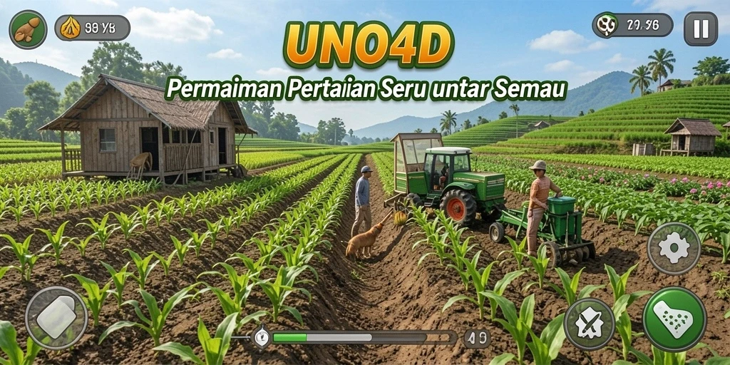 Tangkapan layar gameplay <strong>UNO4D</strong> menampilkan suasana pertanian yang ceria dan penuh warna.